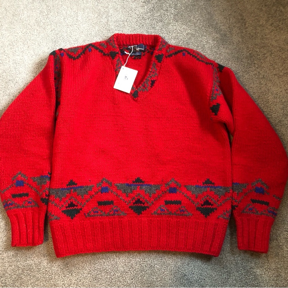 NWT Ralph Lauren Polo Red V-Neck Southwestern Aztec Knit Sweater - Large